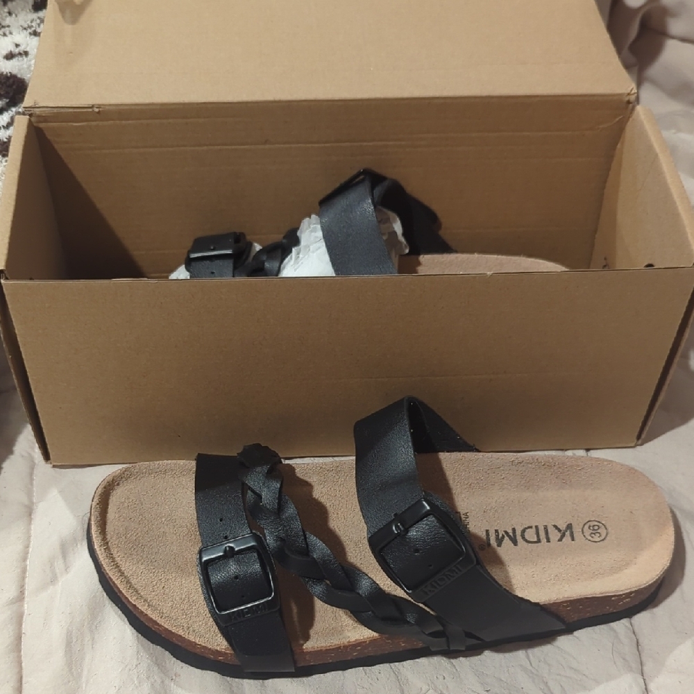 Women's Black Braided Strap Leather Sandals